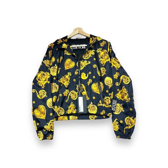 Versace Jeans Couture Baroque Heart Gold Black Hooded Windbreaker Print XS 2 - Picture 1 of 14